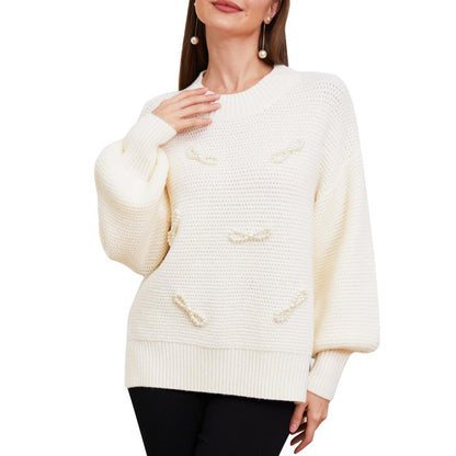 Pearl Bow-Tie Round Neck Side Slit Knit Sweater Top