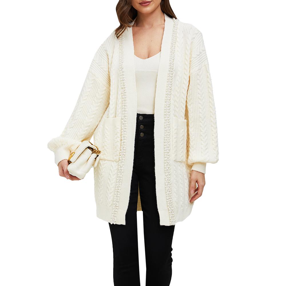 Pearl Trimed Open Front Long Sleeve Light Weight Twisted Cable Knit Cardigan