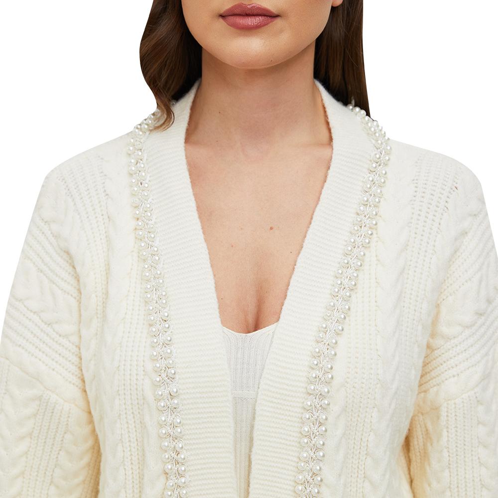 Pearl Trimed Open Front Long Sleeve Light Weight Twisted Cable Knit Cardigan