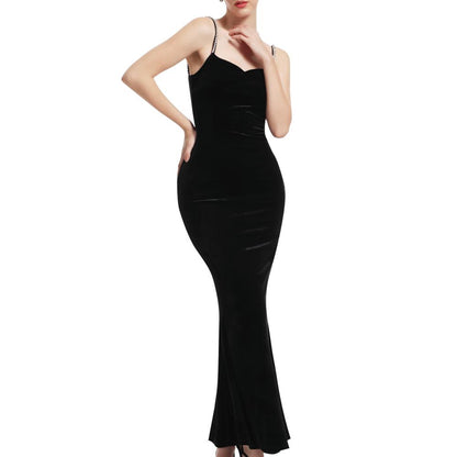 Black Velvet Crystal Spaghetti Strap Thigh-High Slit Maxi Dress