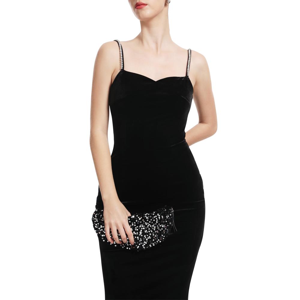 Black Velvet Crystal Spaghetti Strap Thigh-High Slit Maxi Dress