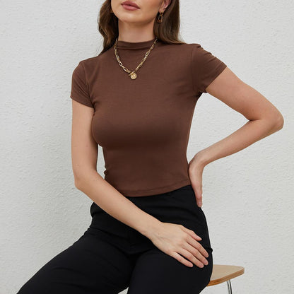 Short Sleeve Modal T Shirt Mailard Brown Black Basic Crop Top