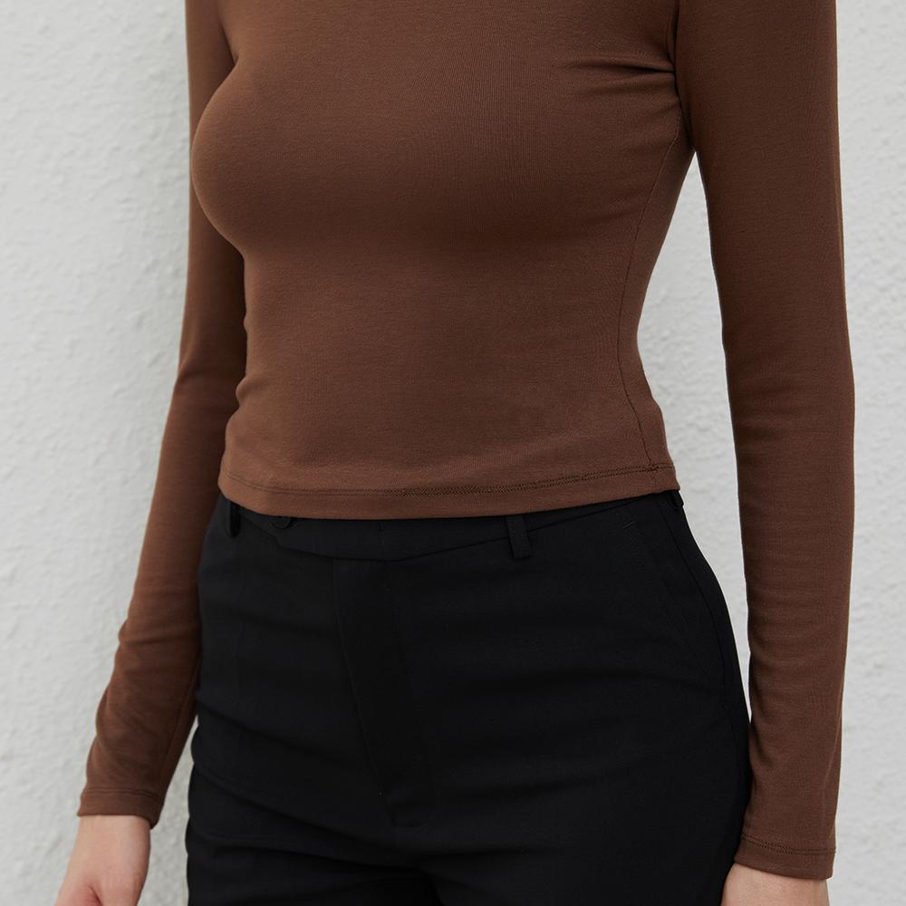 Long Sleeve Modal Pullover Shirt Mailard Brown Black Basic Crop Top